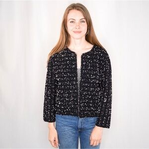 LELA ROSE | CROPPED KNIT CARDIGAN JACKET IN BLACK IVORY POPCORN TEXTURE SIZE XL